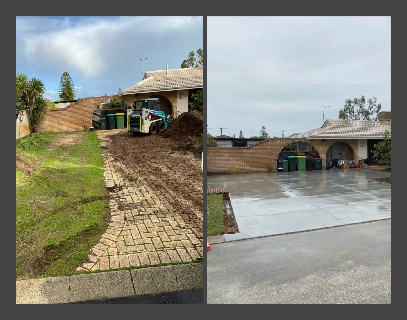 Old paved driveway replaced with new concrete driveway, before and after